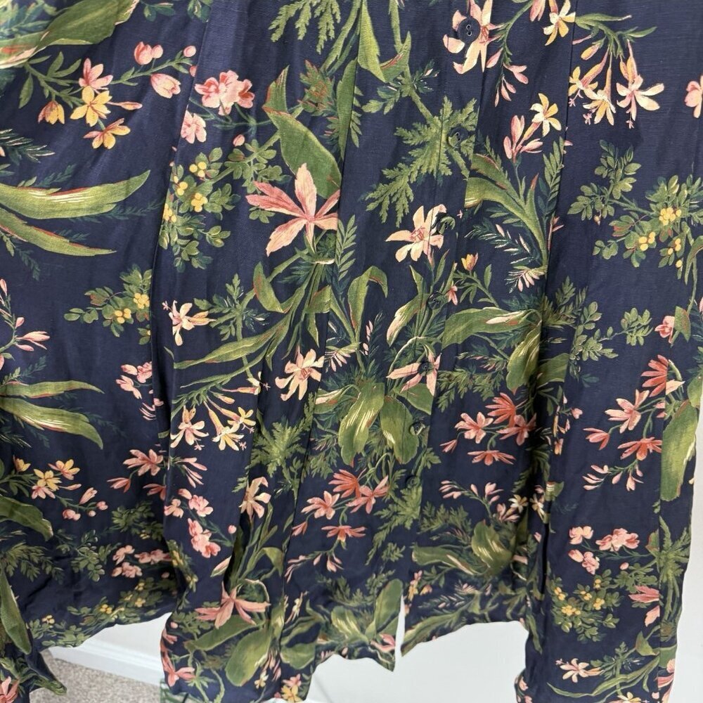 PAIGE Silk Linen Floral Puff Sleeve Midi Dress Blue Green Cottagecore Flaw - Picture 6 of 10